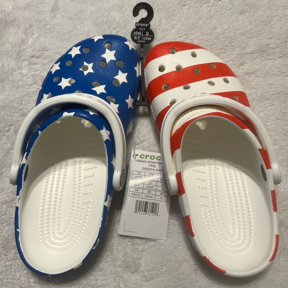 American flag themed Crocs, big kids size 4 (m4/w6)